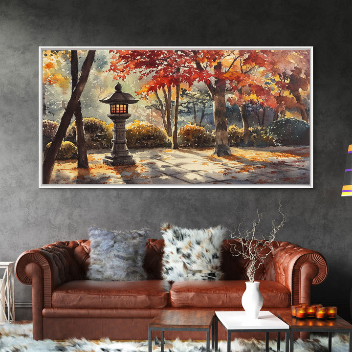 Lantern-Lit Autumn Pathway in Garden, Fall Wall Art, Watercolor Canvas Print, Autumn Home Decor, Gallery Wall, Farmhouse Decor Gift Idea