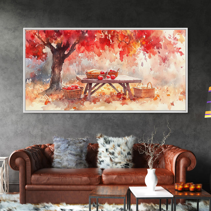Fall Harvest Picnic Scene, Farmhouse Fall Decor, Framed Canvas Print, Seasonal Wall Art, Country Home Decor, Watercolor Artwork Gift Idea