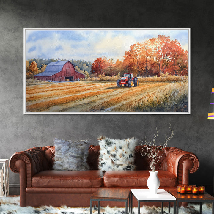 Red Barn in Autumn Landscape, Framed Canvas Print, Farmhouse Fall Decor, Watercolor Wall Art, Above Sofa Art, Wall Decor, Gift Idea 2024