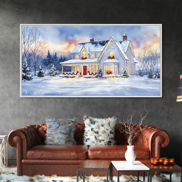 Cozy Winter House with Snowy Landscape, Christmas Decor, Framed Canvas Print, Farmhouse Christmas Decor, Seasonal Wall Art, Gift Idea
