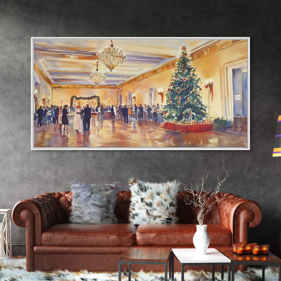 Elegant Ballroom Christmas Party Scene, Framed Canvas Print, Holiday Wall Art, Christmas Decor, Wall Art, Seasonal Decor, Best Gift Idea