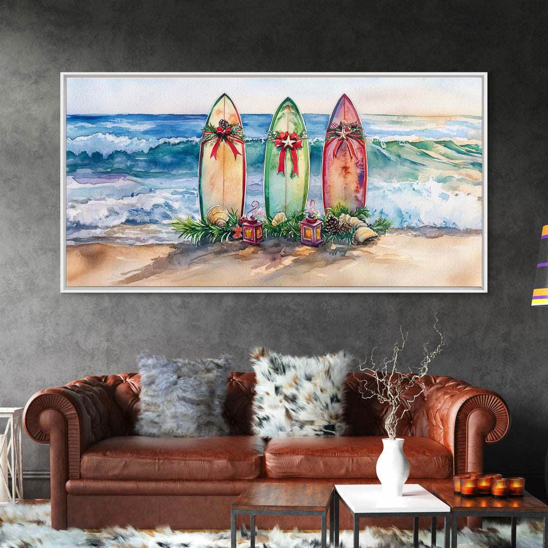 Beach Christmas Decor with Surfboards, Tropical Christmas Art, Framed Canvas Print, Watercolor Wall Art, Coastal Holiday Decor Art Gift Idea