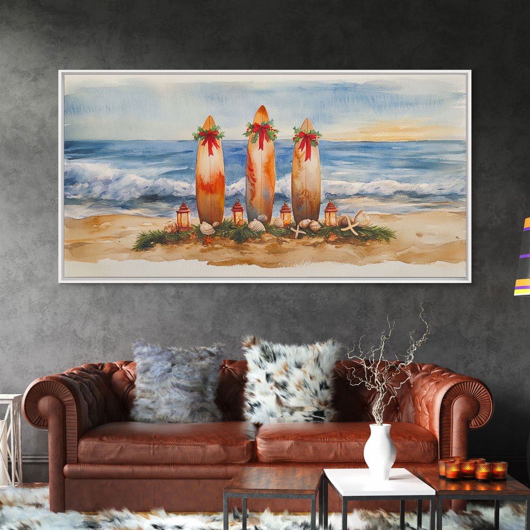 Coastal Christmas Surfboard Scene, Beach Christmas Decor, Framed Canvas Print, Watercolor Wall Art, Tropical Holiday Decor, Best Gift Idea