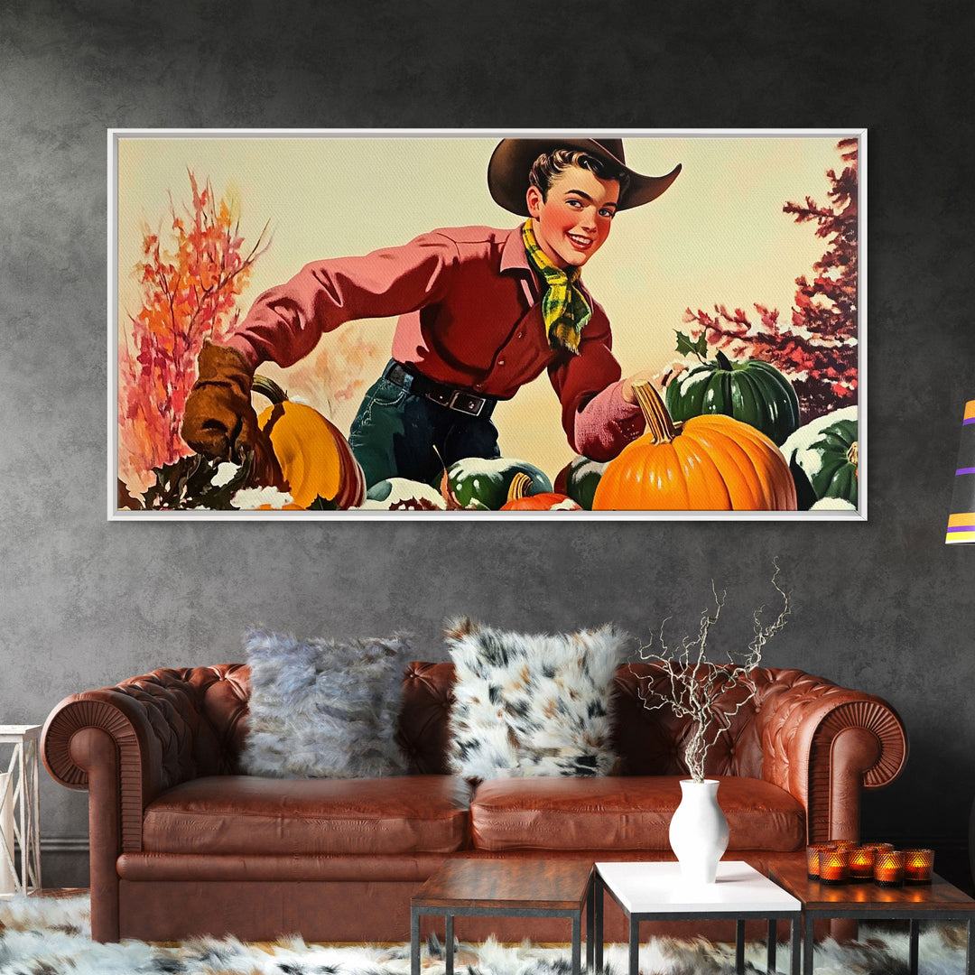 Autumn Cowboy with Pumpkins Framed Canvas Print, Vintage Fall Decor, Gift Idea, Farmhouse Wall Art, Rustic Pumpkin Patch, Holiday Home Decor