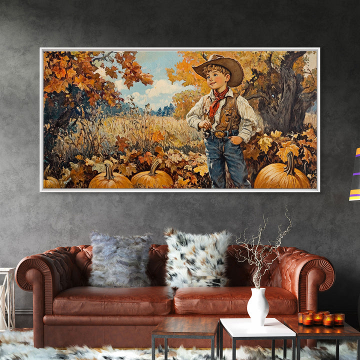 Vintage Fall Cowboy Framed Canvas Print, Retro Autumn Wall Art, Farmhouse Pumpkin Patch, Gift Idea, Harvest Home Decor, Rustic Art Piece