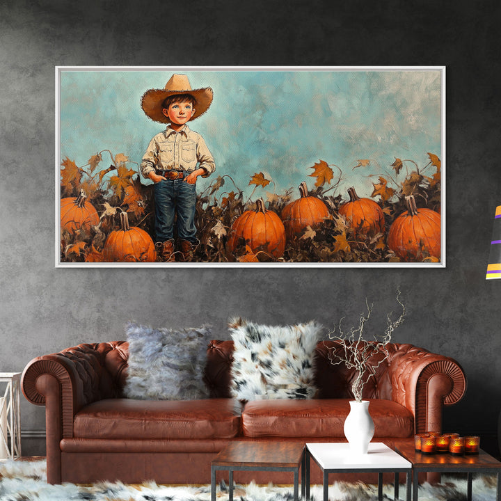 Cowboy Boy with Pumpkins Framed Canvas Print, Fall Wall Art, Rustic Farmhouse Decor, Vintage Harvest Print, Gift Idea, Holiday Home Decor