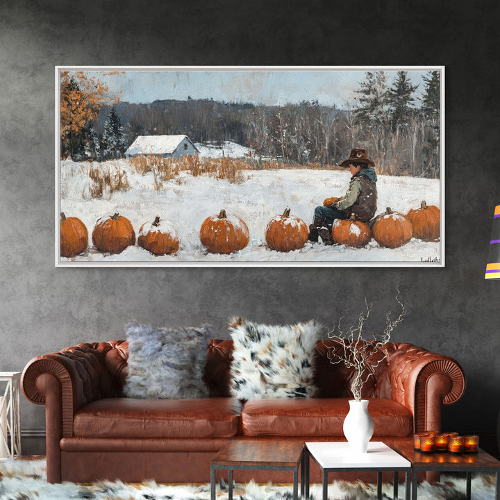 Cowboy Sipping Coffee Autumn Decor Framed Canvas Print Perfect Above Sofa Wall Art Western Home Decor Moody Fall Artwork Rustic