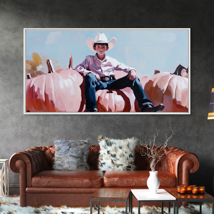 Black And White Cowboy Framed Canvas Print Moody Landscape Fall Art Above Sofa Decor Rustic Western Cowboy Autumn Wall Art