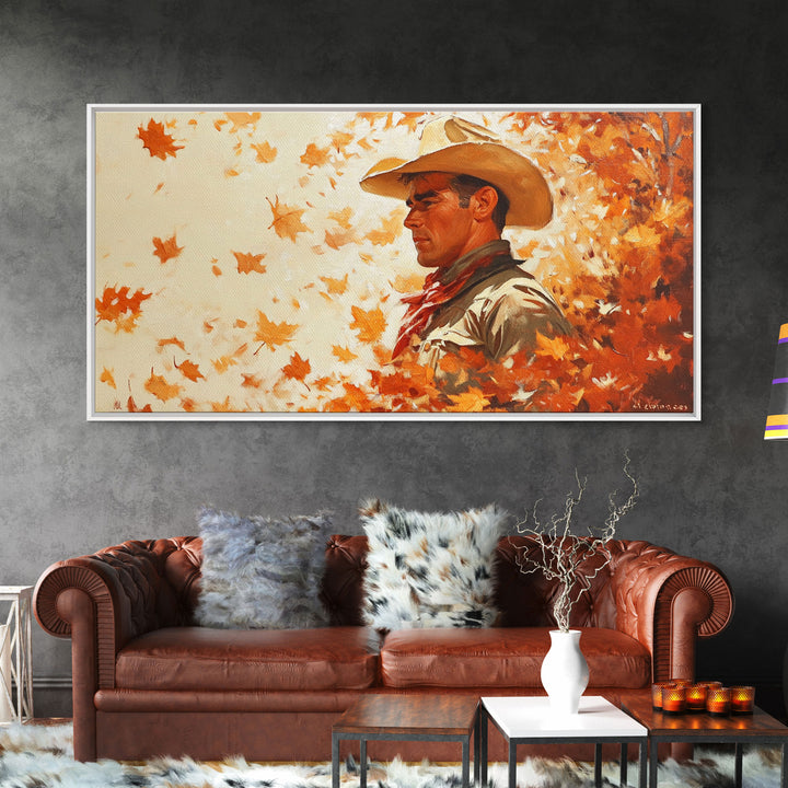 Cowboy and Fall Leaves, Framed Canvas Print Seasonal Wall Art Christmas Cowboy Gift Winter Landscape Wall Decor