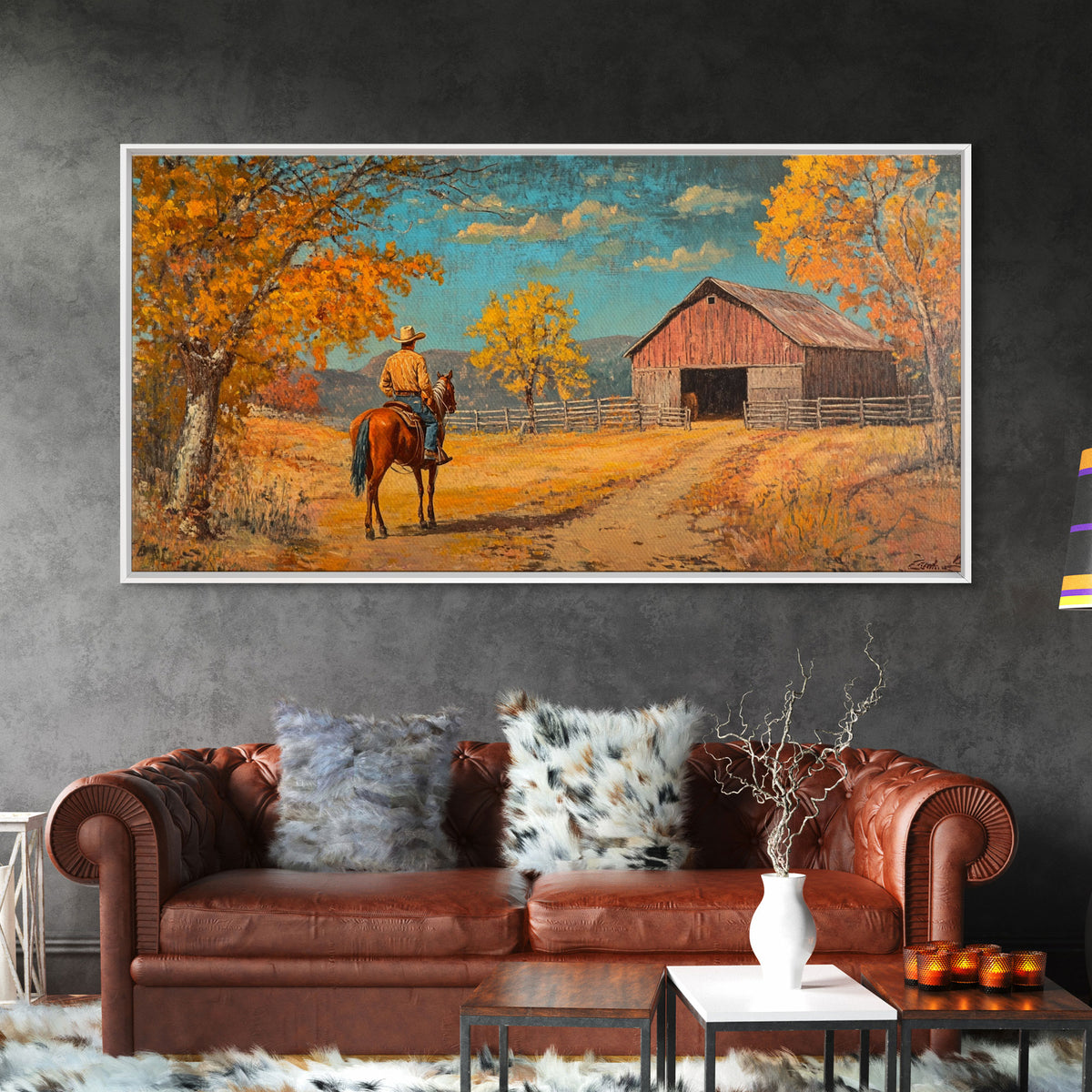 Cowboy Horse Autumn River Framed Canvas Print Perfect Above Sofa Fall Cowboy Art Moody Landscape Fall Western Wall Art