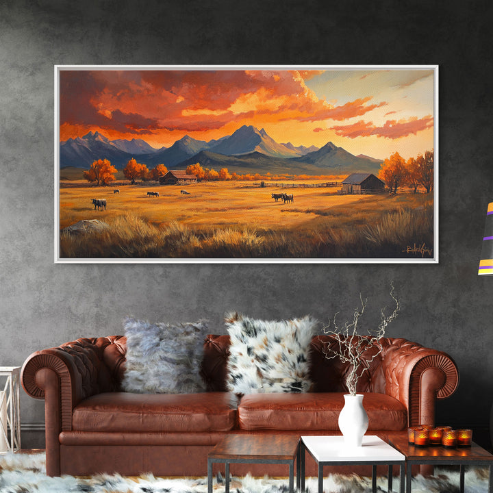 Fall Sunset Framed Canvas Print Scenic Ranch Landscape Art Autumn Wall Decor Ideal Holiday Home Decor and Gift for Farmhouse Style
