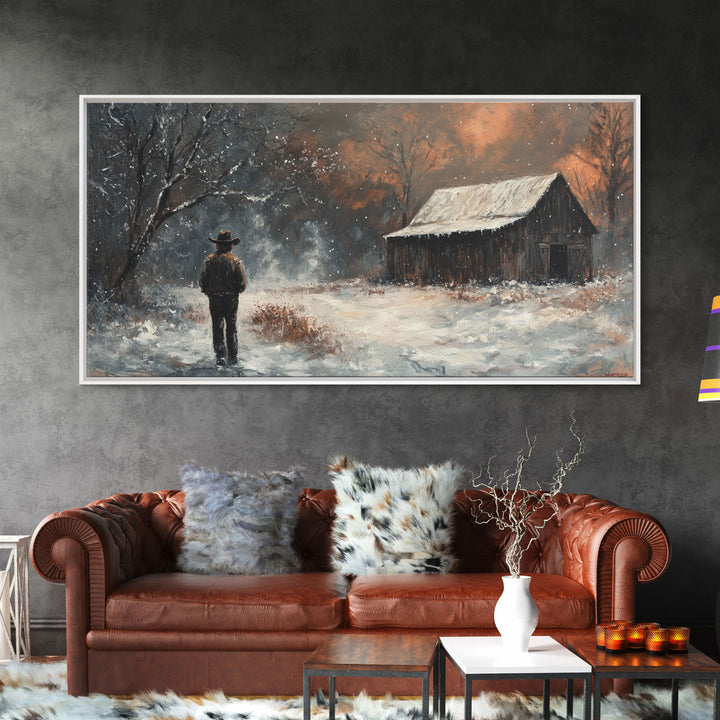 Cowboy On The Farm, Framed Canvas Print Fall Cowboy Wall Art Above Sofa Decor Moody Fall Western Wall Art