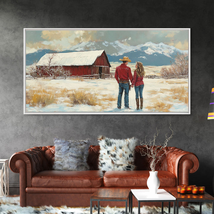 Our First House, Framed Canvas Print, Winter Landscape and Red Barn Painting, Rustic Farmhouse Decor, Outdoor Decor Christmas, Vintage Art