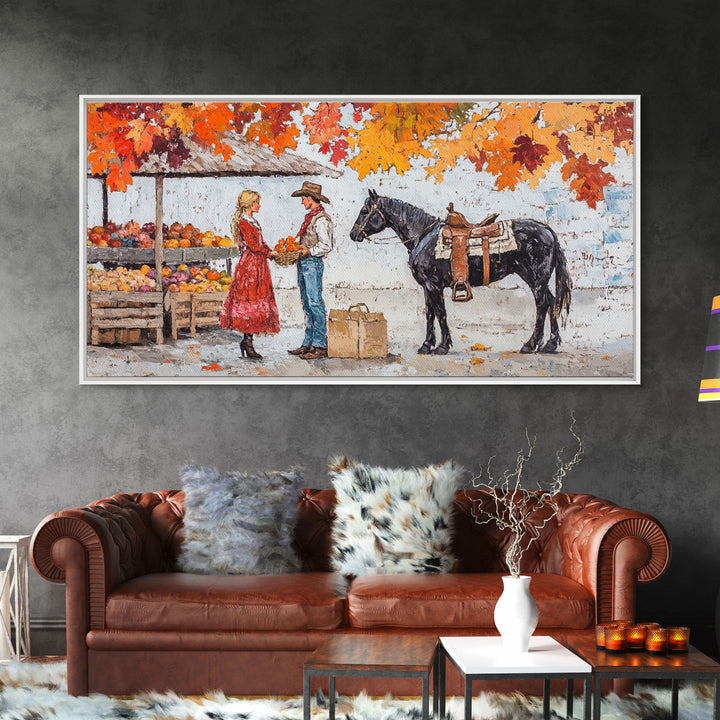 Cute Cowboy & Cowgirl Meet At The Market, Autumn Landscape Fall Colors Horse Rider Wall Art Rustic Fall Wall Decor, Framed Canvas Print
