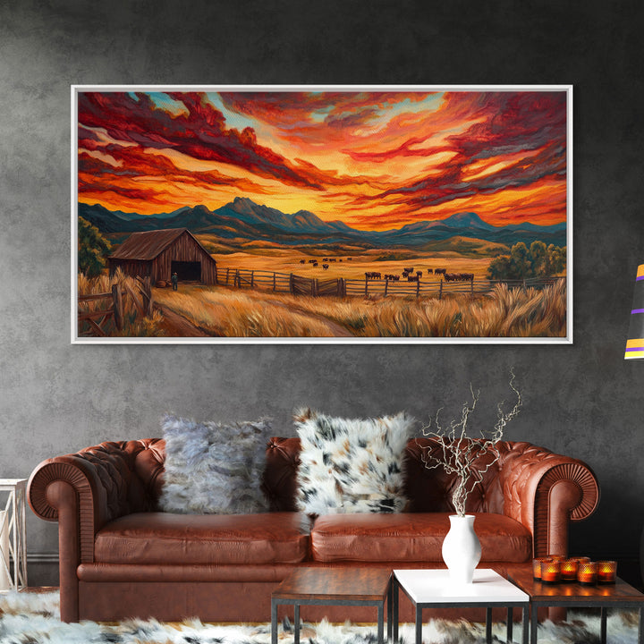 Sunset Ranch Framed Canvas Print Western Farmhouse Landscape Autumn Wall Art Large Fall Country Home Decor Above Sofa Art Piece