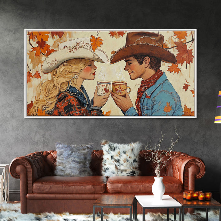 Cowgirl & Cowboy Enjoy Some Hot Chocolate, Art For Couples, Framed Canvas Print, Rustic Farmhouse Home Decor, Wall Art Rustic Decor