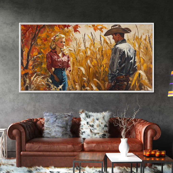 Cowboy & Cowgirl In Love, Framed Canvas Print, Vintage Holiday Winter Wall Art Western Christmas Decor