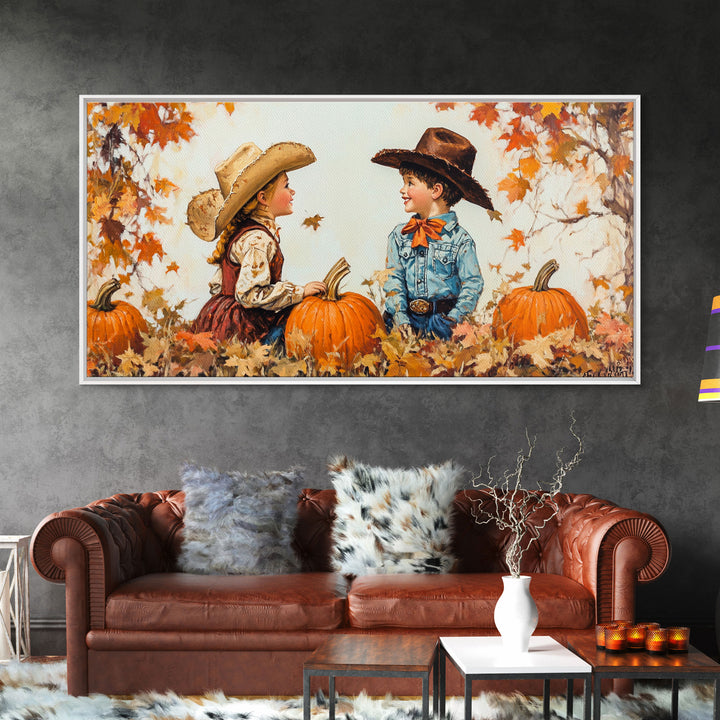 Cute Cowboy and Cowgirl In a Pumpkin Patch, Framed Canvas Print, 1950s Style Wall Art, Nursery Decor