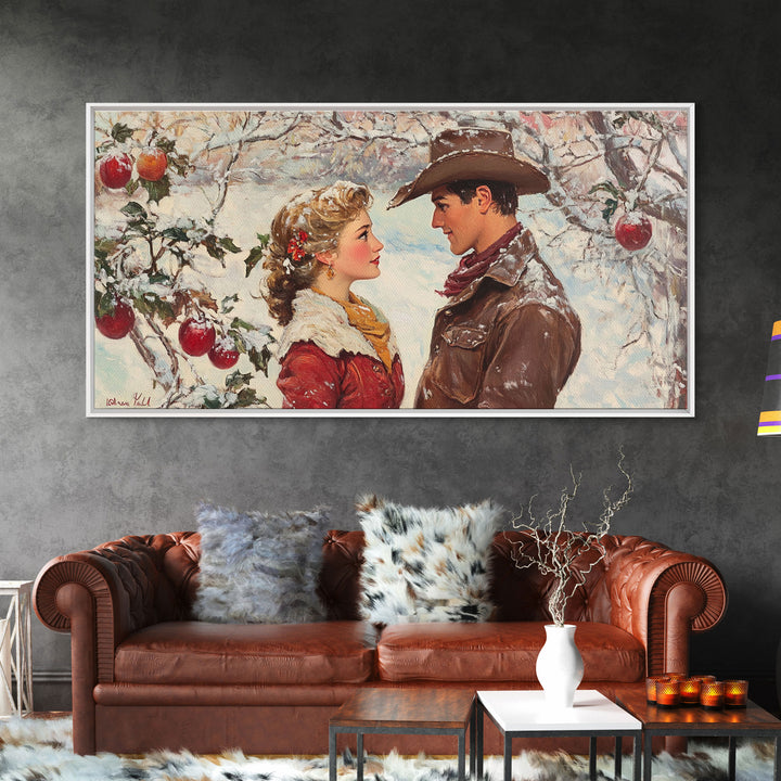 Cowboy and Cowgirl meet under the mistletoe, framed canvas print, cute winter wall art, Christmas home decor, seasonal rustic decor