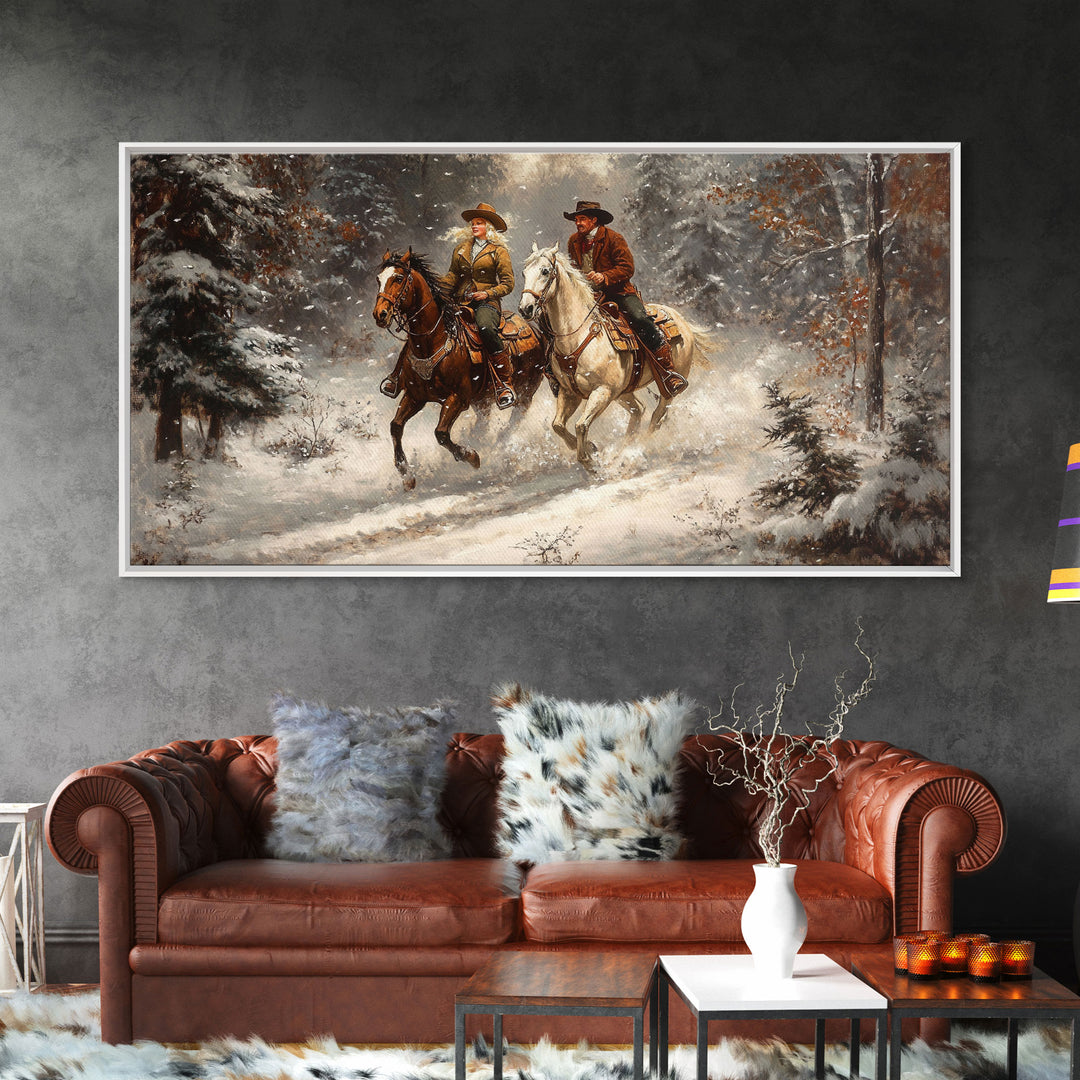 Riders In The Snow, Framed Canvas Print, Rustic Wall Decor, Primitive Art, wall art, warm fall colors, western decor, rustic farmhouse
