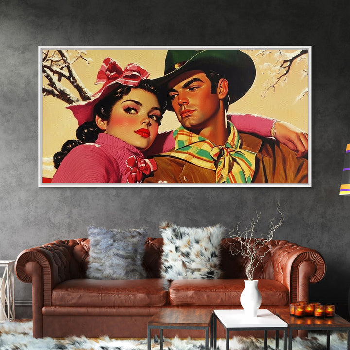 Retro 50s Style Cowboy and Cowgirl In Love, Gift For Couples, Framed Canvas Print, vintage wall art, rustic decor, classic western print