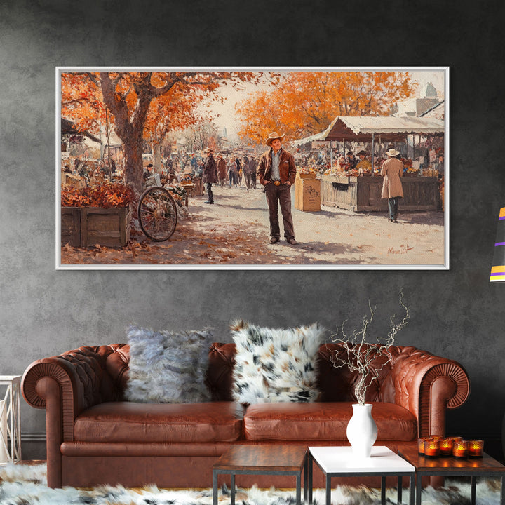 Cowboy in green jacket, snow-capped mountains trees, Framed Canvas Print, tall western Christmas wall art, winter decor, colorful landscape