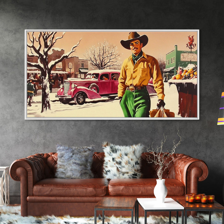 Retro 1950's Style Cowboy, Framed Canvas Print, Pastel Colors, Vintage Inspired Home Decor For Christmas