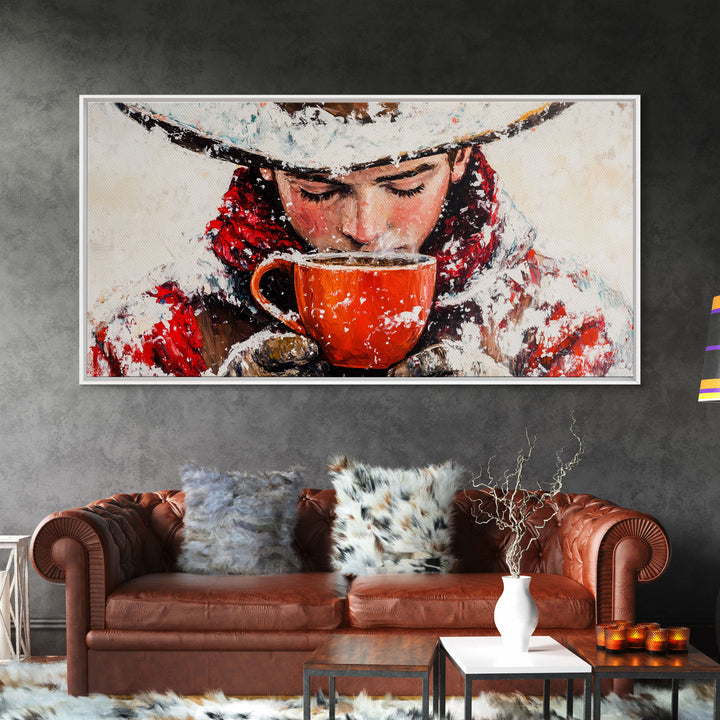 Cowboy in forest with burning fire, deep autumn hues, Framed Canvas Print, moody landscape, fall western art, rustic wall piece, wall decor