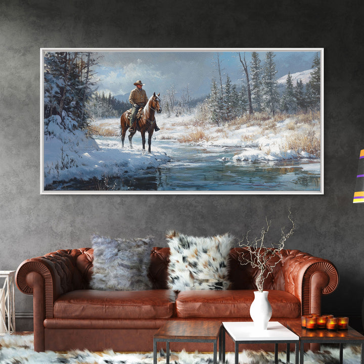 Cowboy riding horse through vibrant autumn forest, Framed Canvas Print, tall fall wall art, rustic western decor, moody landscape