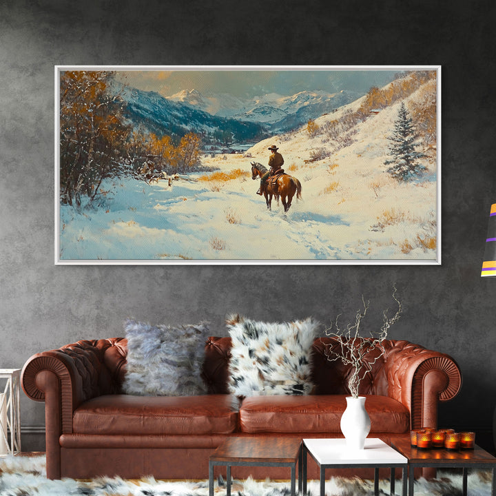 Cowgirl with yellow scarf in fall forest, Framed Canvas Print, tall dramatic black white wall art with a pop of color, moody autumn decor