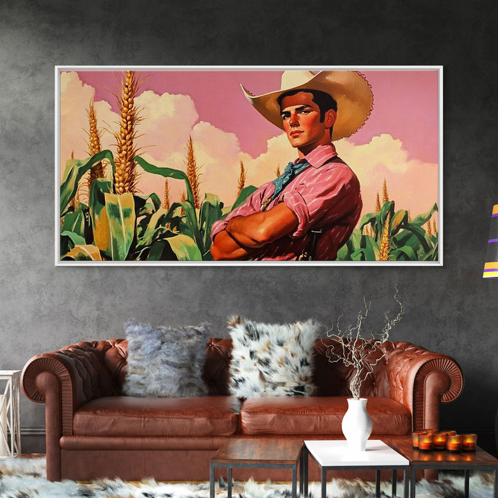 Snowy rural barn scene Framed Canvas Print showcasing a woman in a red coat cowboy hat walking through a winter landscape, farmhouse decor