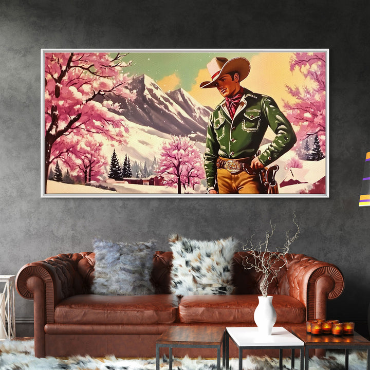 Retro Framed Canvas Print of a woman in a white dress standing next to a vintage pink truck, holiday wall art gift ideas any space