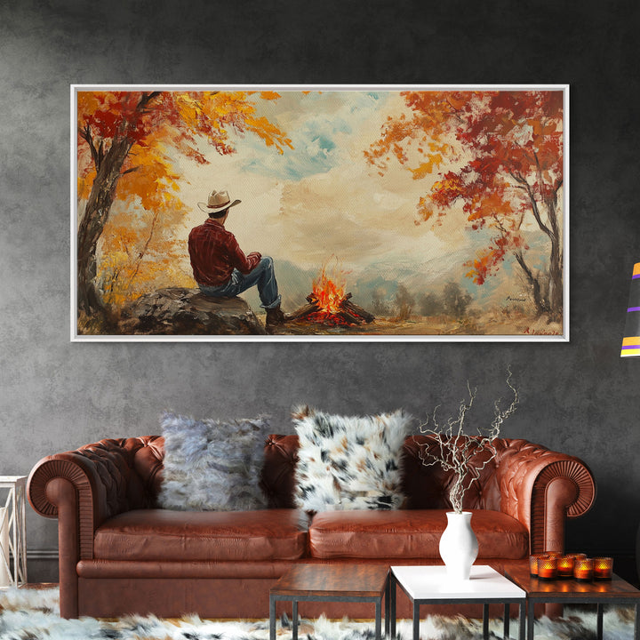 Cheerful Framed Canvas Print of a woman in a cowboy hat enjoying a coffee by fall colors, perfect vintage autumn wall art decor