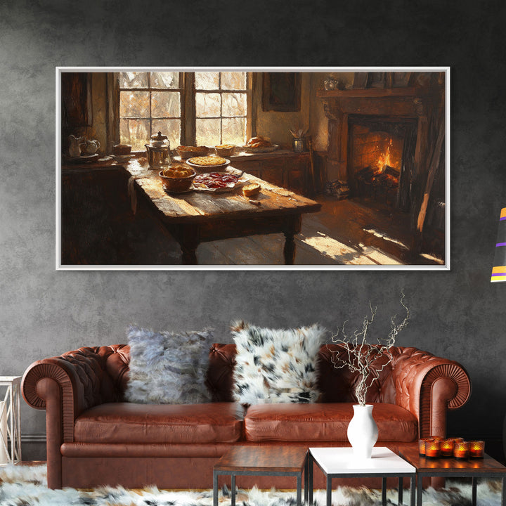 Cozy Kitchen Framed Canvas Print Autumn Fireplace Rustic Home Decor Seasonal Fall Art Large Wall Art Gift for Thanksgiving Decor