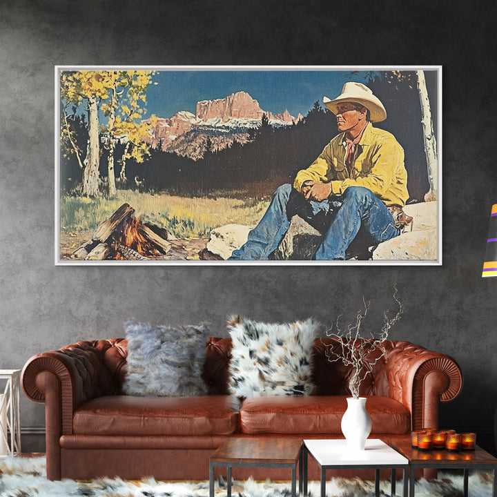 Bold monochromatic Framed Canvas Print showcasing a woman in a cowboy hat with horses in a snowy mountain landscape, rustic winter wall art