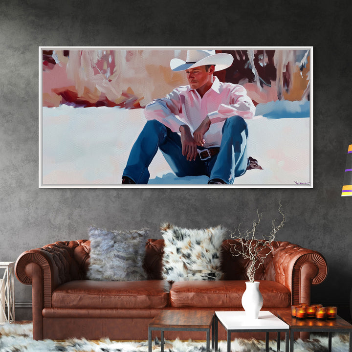 Fall harvest Framed Canvas Print featuring a cowgirl sitting among pumpkins in a rustic setting, farmhouse autumn decor and wall art