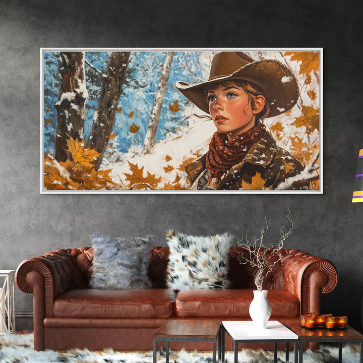 Western-inspired Framed Canvas Print of a woman on horseback in a snowy mountain landscape, holiday wall art and winter wonderland vibes