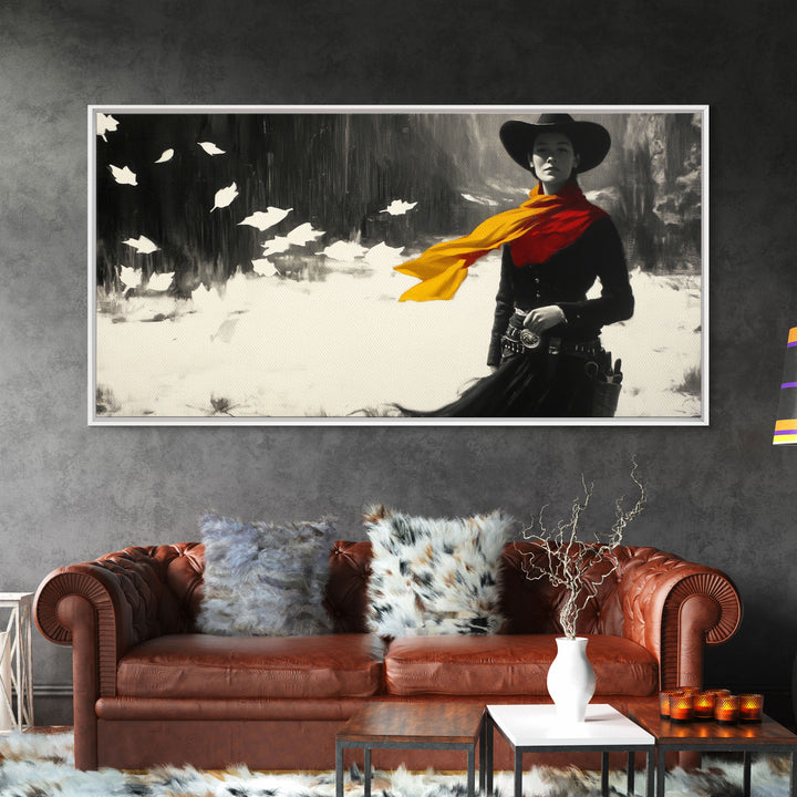 Bold Framed Canvas Print of a Cowgirl Riding Through Snow, Western Horse Art, Dynamic Winter Wall Decor and Christmas Holiday Gift Idea