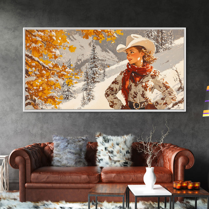 Charming Framed Canvas Print of a Cowgirl in Autumn Leaves, Perfect Fall Wall Decor and Gift Idea for Fans of Western Art Rustic Home Decor