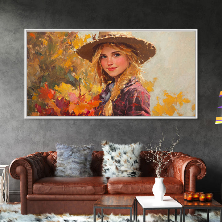Cowgirl Amongst The Fall Leaves, Framed Canvas Print, Serene Fall Wall Decor, Perfect Rustic Seasonal Wall Art and Gift Idea