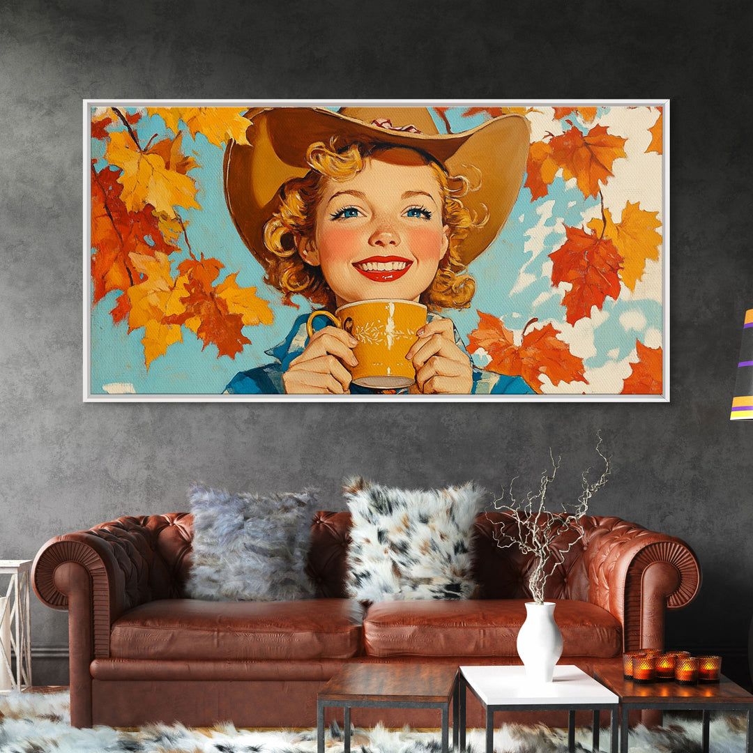Cowgirl Having A Cup Of Joe, Framed Canvas Print, Farmhouse / Western Rustic Charm, Seasonal Art Piece to Warm Up Your Home Decor This Fall
