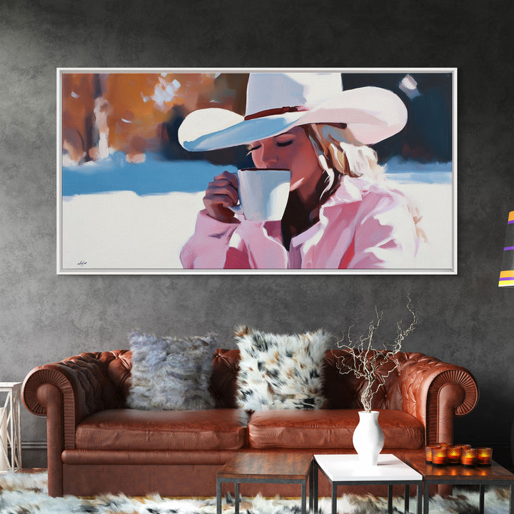 Cowgirl Enjoying A Cup of Coffee, Framed Canvas Print, Winter Wall Art, Pink Decor, Gift For Her, Seasonal Winter Home Decor