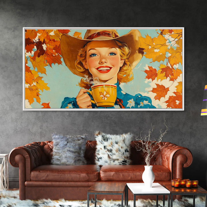 Happy Cowgirl Enjoying Hot Cocoa, Framed Canvas Print, Cute Fall Decor, Rustic Farmhouse Wall Art, Retro Style Trendy Autumn Decor