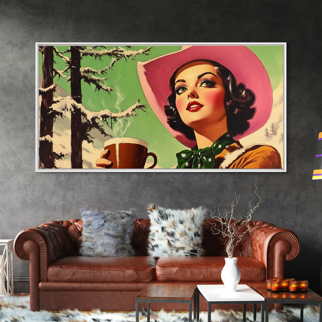Retro Cowgirl Having A Cup Of Coffee, Framed Canvas Print, 1950s Style Wall Art, Vintage Art, Winter Decor, Watercolor Christmas Art
