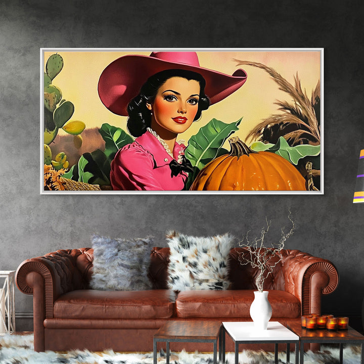 Retro Cowgirl In A Pumpkin Patch, Framed Canvas Print, Fall and Autumn Rustic Decor, perfect autumn or Christmas decor wall art