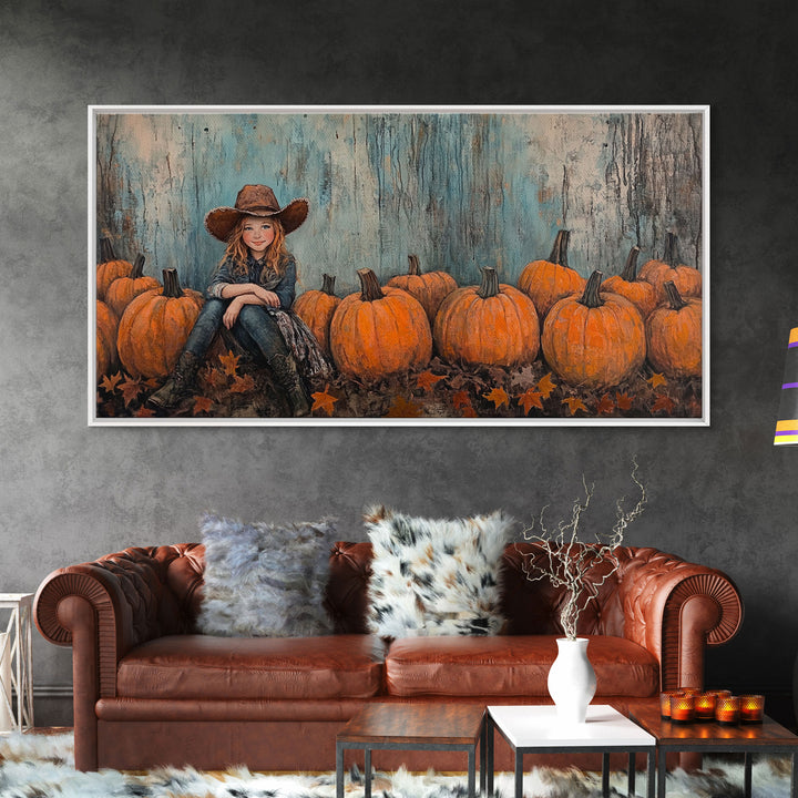 Cute Cowgirl In A Pumpkin Patch, Framed Canvas Print, Fall / Thanksgiving Decor, minimalist seasonal art for autumn or Christmas decor