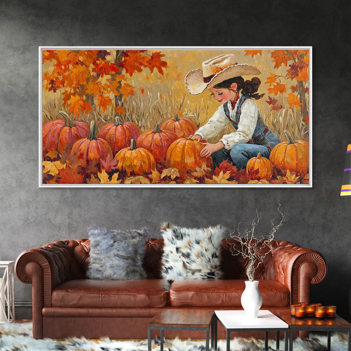 Framed Canvas Print colorful autumn landscape, vibrant fall foliage and misty morning setting, tranquil country home decor rustic wall art