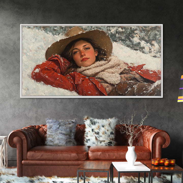 Cowgirl Laying In The Snow Framed Canvas Print, Cute Rustic Decor, Cowgirl Portrait Painting, Winter Wall Art
