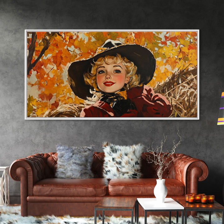 Cute Fall Cowgirl Amongst The Autumn Leaves, Gift or Autumn Decor, Perfect Addition to Home and Office Interiors