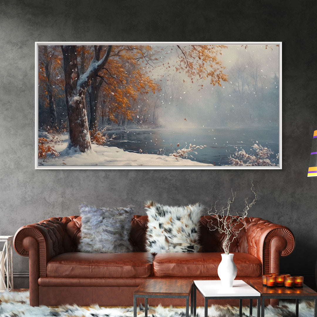 Autumn Lake Scene Framed Canvas Print with Fall Colors, Ideal Seasonal Wall Art or Gift Idea for Nature Lovers and Home Decor